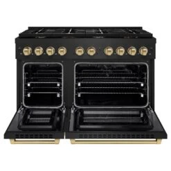 ZLINE Autograph Edition 48 In. 6.7 Cu. Ft. Paramount Double Oven Dual Fuel Range With 8 Burner Gas Cooktop In Black Stainless Steel And Champagne Bronze Accents (SDRBZ-48-CB)(Zline Autograph Edition 48 Paramount Dual Fuel Range Black Stainless Steel Champagne Bronze Sdrbz 48 Cb) -Zline Oven Shop zline autograph edition professional black stainless steel gas range SDRBZ 48 CB front open 919d8cfc 1a24 4ebb 87d4 7e71f0bdb3bb