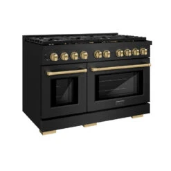 ZLINE Autograph Edition 48 In. 6.7 Cu. Ft. Paramount Double Oven Dual Fuel Range With 8 Burner Gas Cooktop In Black Stainless Steel And Champagne Bronze Accents (SDRBZ-48-CB)(Zline Autograph Edition 48 Paramount Dual Fuel Range Black Stainless Steel Champagne Bronze Sdrbz 48 Cb)