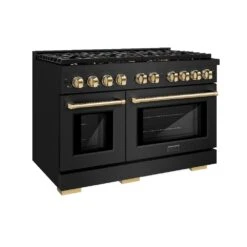 ZLINE Autograph Edition 48 In. 6.7 Cu. Ft. Paramount Double Oven Dual Fuel Range With 8 Burner Gas Cooktop In Black Stainless Steel And Polished Gold Accents (SDRBZ-48-G)(Zline Autograph Edition 48 Paramount Dual Fuel Range Black Stainless Steel Polished Gold Sdrbz 48 G)