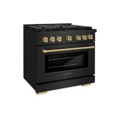 ZLINE Autograph Edition 36 In. 5.2 Cu. Ft. Paramount Gas Range With 6 Burner Cooktop And Convection Gas Oven In Black Stainless Steel And Champagne Bronze Accents (SGRBZ-36-CB)(Zline Autograph Edition 36 Paramount Gas Range Black Stainless Steel Champagne Bronze Sgrbz 36 Cb)