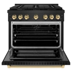 ZLINE Autograph Edition 36 In. 5.2 Cu. Ft. Paramount Gas Range With 6 Burner Cooktop And Convection Gas Oven In Black Stainless Steel And Polished Gold Accents (SGRBZ-36-G)(Zline Autograph Edition 36 Paramount Gas Range Black Stainless Steel Polished Gold Sgrbz 36 G) -Zline Oven Shop zline autograph edition professional black stainless steel gas range SGRBZ 36 G front opencopy
