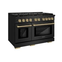 ZLINE Autograph Edition 48 In. 6.7 Cu. Ft. Paramount Double Oven Gas Range With 8 Burner Cooktop In Black Stainless Steel And Champagne Bronze Accents (SGRBZ-48-CB)(Zline Autograph Edition 48 Paramount Gas Range Black Stainless Steel Champagne Bronze Sgrbz 48 Cb)