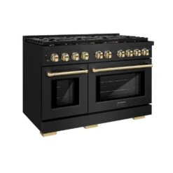 ZLINE Autograph Edition 48 In. 6.7 Cu. Ft. Paramount Double Oven Gas Range With 8 Burner Cooktop In Black Stainless Steel And Polished Gold Accents (SGRBZ-48-G)(Zline Autograph Edition 48 Paramount Gas Range Black Stainless Steel Polished Gold Sgrbz 48 G)