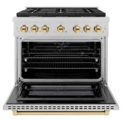 ZLINE Autograph Edition 36 In. 5.2 Cu. Ft. Paramount Dual Fuel Range With 6 Burner Gas Cooktop And Electric Convection Oven In Satin Stainless Steel With Polished Gold Accents (SDRSZ-36-G)(Zline Autograph Edition 36 Paramount Dual Fuel Range Satin Stainless Steel Polished Gold Sdrsz 36 G) -Zline Oven Shop zline autograph edition professional satin stainless steel gas range SDRSZ 36 G front open
