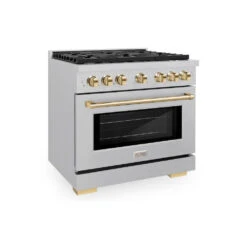 ZLINE Autograph Edition 36 In. 5.2 Cu. Ft. Paramount Dual Fuel Range With 6 Burner Gas Cooktop And Electric Convection Oven In Satin Stainless Steel With Polished Gold Accents (SDRSZ-36-G)(Zline Autograph Edition 36 Paramount Dual Fuel Range Satin Stainless Steel Polished Gold Sdrsz 36 G)