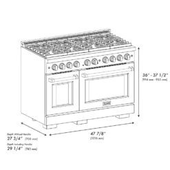 ZLINE Autograph Edition 48 In. 6.7 Cu. Ft. Paramount Double Oven Dual Fuel Range With 8 Burner Gas Cooktop In Satin Stainless Steel And Polished Gold Accents (SDRSZ-48-G)(Zline Autograph Edition 48 Paramount Dual Fuel Range Satin Stainless Steel Polished Gold Sdrsz 48 G) -Zline Oven Shop zline autograph edition professional satin stainless steel gas range SDRSZ 48 G dimensional diagram