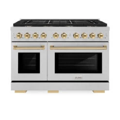 ZLINE Autograph Edition 48 In. 6.7 Cu. Ft. Paramount Double Oven Dual Fuel Range With 8 Burner Gas Cooktop In Satin Stainless Steel And Polished Gold Accents (SDRSZ-48-G)(Zline Autograph Edition 48 Paramount Dual Fuel Range Satin Stainless Steel Polished Gold Sdrsz 48 G) -Zline Oven Shop zline autograph edition professional satin stainless steel gas range SDRSZ 48 G front