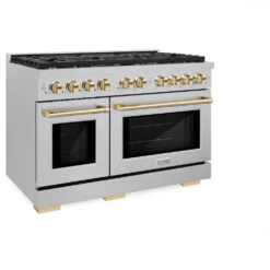 ZLINE Autograph Edition 48 In. 6.7 Cu. Ft. Paramount Double Oven Dual Fuel Range With 8 Burner Gas Cooktop In Satin Stainless Steel And Polished Gold Accents (SDRSZ-48-G)(Zline Autograph Edition 48 Paramount Dual Fuel Range Satin Stainless Steel Polished Gold Sdrsz 48 G) -Zline Oven Shop zline autograph edition professional satin stainless steel gas range SDRSZ 48 G main