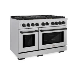 ZLINE Autograph Edition 48 In. 6.7 Cu. Ft. Paramount Double Oven Dual Fuel Range With 8 Burner Gas Cooktop In Satin Stainless Steel And Matte Black Accents (SDRSZ-48-MB)(Zline Autograph Edition 48 Paramount Dual Fuel Range Satin Stainless Steel Matte Black Sdrsz 48 Mb)