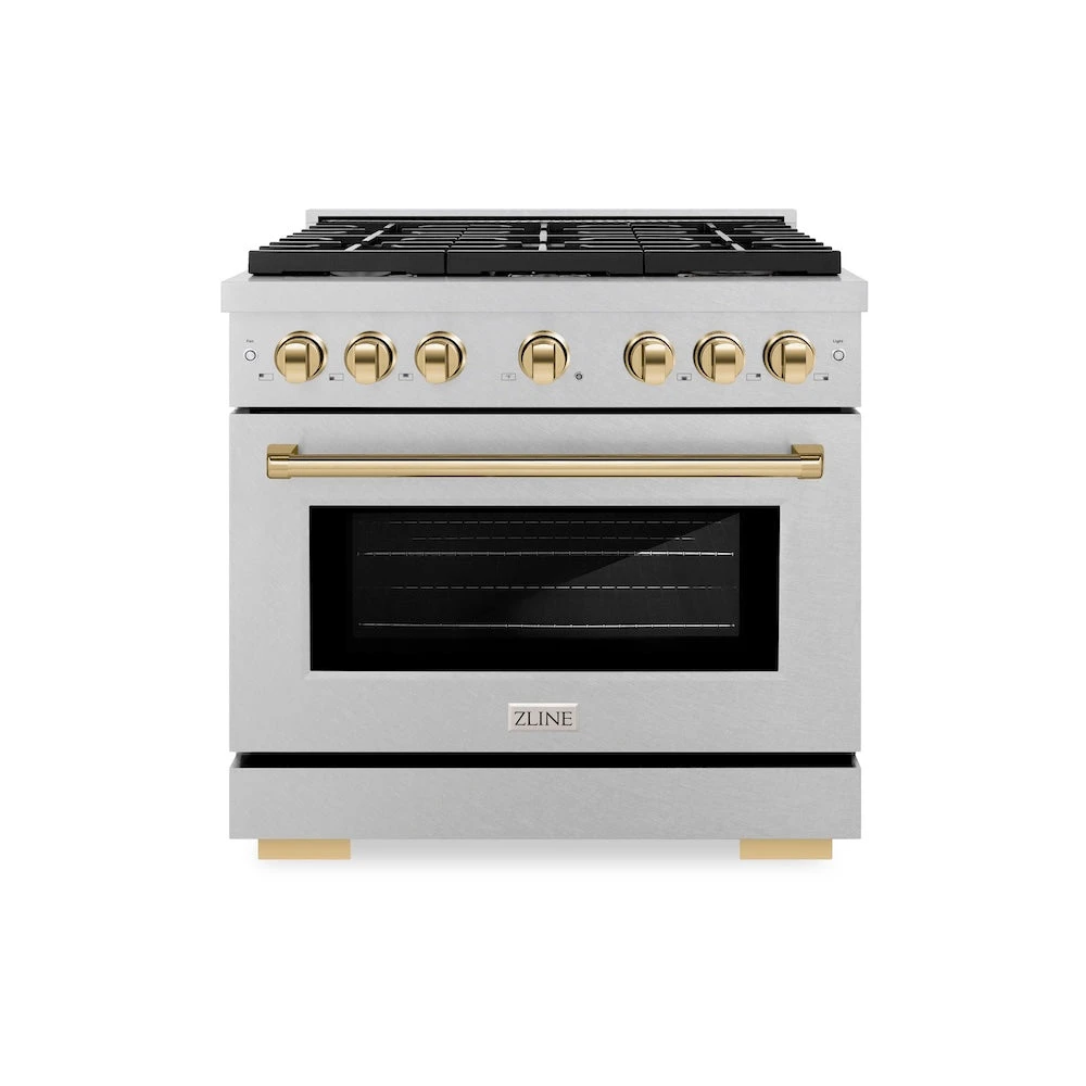 ZLINE Autograph Edition 36 In. 5.2 Cu. Ft. Paramount Gas Range With 6 Burner Cooktop And Convection Gas Oven In Satin Stainless Steel And Polished Gold Accents (SGRSZ-36-G)(Zline Autograph Edition 36 Paramount Gas Range Satin Stainless Steel Polished Gold Sgrsz 36 G) 2 ZLINE Autograph Edition 36 In. 5.2 Cu. Ft. Paramount Gas Range With 6 Burner Cooktop And Convection Gas Oven In Satin Stainless Steel And Polished Gold Accents (SGRSZ-36-G)(Zline Autograph Edition 36 Paramount Gas Range Satin Stainless Steel Polished Gold Sgrsz 36 G) - Image 2