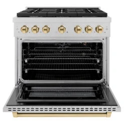 ZLINE Autograph Edition 36 In. 5.2 Cu. Ft. Paramount Gas Range With 6 Burner Cooktop And Convection Gas Oven In Satin Stainless Steel And Polished Gold Accents (SGRSZ-36-G)(Zline Autograph Edition 36 Paramount Gas Range Satin Stainless Steel Polished Gold Sgrsz 36 G) 17 ZLINE Autograph Edition 36 In. 5.2 Cu. Ft. Paramount Gas Range With 6 Burner Cooktop And Convection Gas Oven In Satin Stainless Steel And Polished Gold Accents (SGRSZ-36-G)(Zline Autograph Edition 36 Paramount Gas Range Satin Stainless Steel Polished Gold Sgrsz 36 G) -Zline Oven Shop zline autograph edition professional satin stainless steel gas range SGRSZ 36 G front open