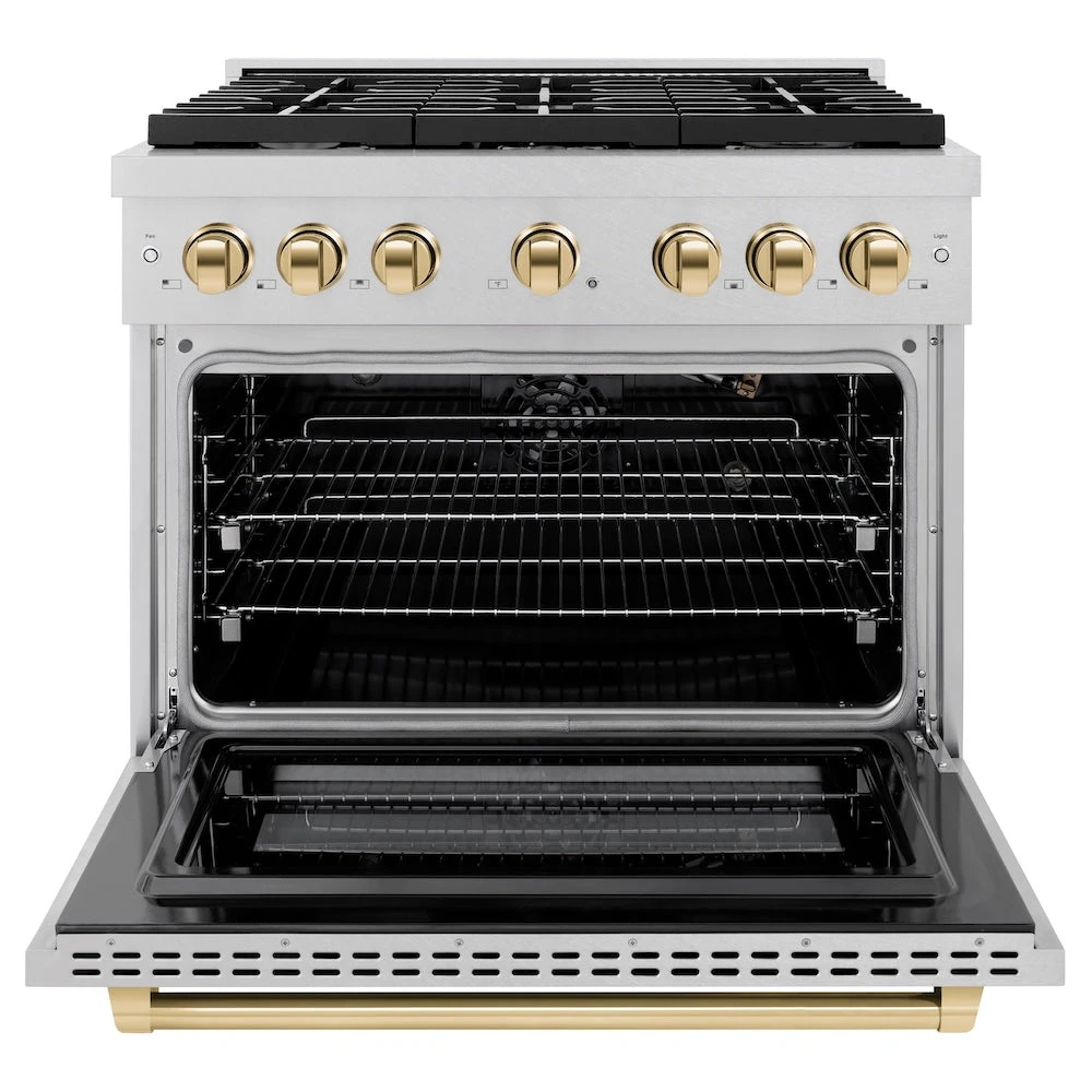 ZLINE Autograph Edition 36 In. 5.2 Cu. Ft. Paramount Gas Range With 6 Burner Cooktop And Convection Gas Oven In Satin Stainless Steel And Polished Gold Accents (SGRSZ-36-G)(Zline Autograph Edition 36 Paramount Gas Range Satin Stainless Steel Polished Gold Sgrsz 36 G) 3 ZLINE Autograph Edition 36 In. 5.2 Cu. Ft. Paramount Gas Range With 6 Burner Cooktop And Convection Gas Oven In Satin Stainless Steel And Polished Gold Accents (SGRSZ-36-G)(Zline Autograph Edition 36 Paramount Gas Range Satin Stainless Steel Polished Gold Sgrsz 36 G) - Image 3