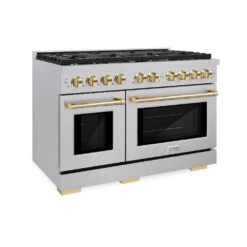 ZLINE Autograph Edition 48 In. 6.7 Cu. Ft. Paramount Double Oven Gas Range With 8 Burner Cooktop In Satin Stainless Steel And Polished Gold Accents (SGRSZ-48-G)(Zline Autograph Edition 48 Paramount Gas Range Satin Stainless Steel Polished Gold Sgrsz 48 G)
