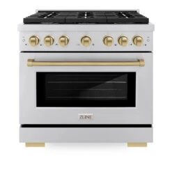 ZLINE Autograph Edition 36 In. 5.2 Cu. Ft. Paramount Dual Fuel Range With 6 Burner Gas Cooktop And Electric Convection Oven In Stainless Steel With Champagne Bronze Accents (SDRZ-36-CB)(Zline Autograph Edition 36 Paramount Dual Fuel Range Stainless Steel Champagne Bronze Sdrz 36 Cb) -Zline Oven Shop zline autograph edition professional stainless steel gas range SDRZ 36 CB front