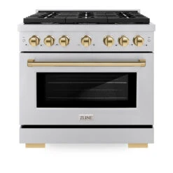 ZLINE Autograph Edition 36 In. 5.2 Cu. Ft. Paramount Dual Fuel Range With 6 Burner Gas Cooktop And Electric Convection Oven In Stainless Steel With Polished Gold Accents (SDRZ-36-G)(Zline Autograph Edition 36 Paramount Dual Fuel Range Stainless Steel Polished Gold Sdrz 36 G) -Zline Oven Shop zline autograph edition professional stainless steel gas range SDRZ 36 G front