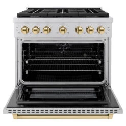 ZLINE Autograph Edition 36 In. 5.2 Cu. Ft. Paramount Dual Fuel Range With 6 Burner Gas Cooktop And Electric Convection Oven In Stainless Steel With Polished Gold Accents (SDRZ-36-G)(Zline Autograph Edition 36 Paramount Dual Fuel Range Stainless Steel Polished Gold Sdrz 36 G) -Zline Oven Shop zline autograph edition professional stainless steel gas range SDRZ 36 G front open fa17187f cd7b 49a0 b621 177f157d0bde