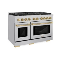ZLINE Autograph Edition 48 In. 6.7 Cu. Ft. Paramount Double Oven Dual Fuel Range With 8 Burner Gas Cooktop In Stainless Steel And Champagne Bronze Accents (SDRZ-48-CB)(Zline Autograph Edition 48 Paramount Dual Fuel Range Stainless Steel Champagne Bronze Sdrz 48 Cb)