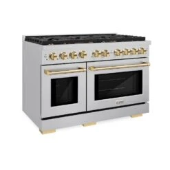 ZLINE Autograph Edition 48 In. 6.7 Cu. Ft. Paramount Double Oven Dual Fuel Range With 8 Burner Gas Cooktop In Stainless Steel And Polished Gold Accents (SDRZ-48-G)(Zline Autograph Edition 48 Paramount Dual Fuel Range Stainless Steel Polished Gold Sdrz 48 G)