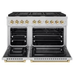 ZLINE Autograph Edition 48 In. 6.7 Cu. Ft. Paramount Double Oven Gas Range With 8 Burner Cooktop In Stainless Steel And Polished Gold Accents (SGRZ-48-G)(Zline Autograph Edition 48 Paramount Gas Range Stainless Steel Polished Gold Sgrz 48 G) -Zline Oven Shop zline autograph edition professional stainless steel gas range SGRZ 48 G front opencopy