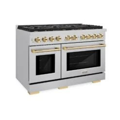 ZLINE Autograph Edition 48 In. 6.7 Cu. Ft. Paramount Double Oven Gas Range With 8 Burner Cooktop In Stainless Steel And Polished Gold Accents (SGRZ-48-G)(Zline Autograph Edition 48 Paramount Gas Range Stainless Steel Polished Gold Sgrz 48 G)