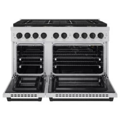 ZLINE Autograph Edition 48 In. 6.7 Cu. Ft. Paramount Double Oven Gas Range With 8 Burner Cooktop In Stainless Steel And Matte Black Accents (SGRZ-48-MB)(Zline Autograph Edition 48 Paramount Gas Range Stainless Steel Matte Black Sgrz 48 Mb) -Zline Oven Shop zline autograph edition professional stainless steel gas range SGRZ 48 MB front open cropped
