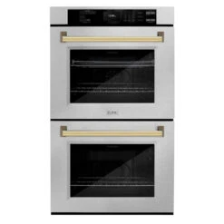 ZLINE Autograph Edition 30 In. Professional True Convection Double Wall Oven With Air Fry And Self Clean In Satin Stainless Steel With Polished Gold Handles (WADSZ-30-G)(Zline Autograph Edition 30 Double Wall Oven Satin Stainless Steel Polished Gold Wadsz 30 G)