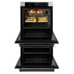 ZLINE Autograph Edition 30 In. Professional True Convection Double Wall Oven With Air Fry And Self Clean In Stainless Steel With Matte Black Handles (WADZ-30-MB)(Zline Autograph Edition 30 Double Wall Oven Stainless Steel Matte Black Wadz 30 Mb) -Zline Oven Shop zline autograph edition stainless steel wall oven WADZ 30 MB front open food