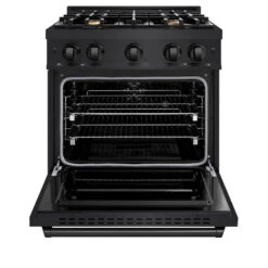 ZLINE 30 In. 4.2 Cu. Ft. Classic Dual Fuel Range With Gas Cooktop And Electric Convection Oven In Black Stainless Steel With 4 Brass Burners (CDRB-BR-30)(Zline 30 Classic Dual Fuel Range Black Stainless Steel Brass Burners Cdrb Br 30) -Zline Oven Shop zline classic black stainless steel dual fuel range CDRB BR 30 front open 9a81342b 4131 48d0 be7b 7ee6fcb7152d