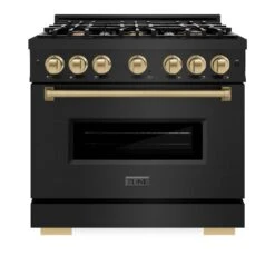 ZLINE Autograph Edition 36 In. 5.2 Cu. Ft. Classic Dual Fuel Range With 6 Burner Gas Cooktop And Electric Convection Oven In Black Stainless Steel With Champagne Bronze Accents (CDRBZ-36-CB)(Zline Autograph Edition 36 Classic Dual Fuel Range Black Stainless Steel Champagne Bronze Cdrbz 36 Cb) -Zline Oven Shop zline classic black stainless steel dual fuel range CDRBZ 36 CB front