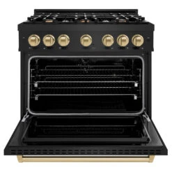 ZLINE Autograph Edition 36 In. 5.2 Cu. Ft. Classic Dual Fuel Range With 6 Burner Gas Cooktop And Electric Convection Oven In Black Stainless Steel With Champagne Bronze Accents (CDRBZ-36-CB)(Zline Autograph Edition 36 Classic Dual Fuel Range Black Stainless Steel Champagne Bronze Cdrbz 36 Cb) -Zline Oven Shop zline classic black stainless steel dual fuel range CDRBZ 36 CB front open
