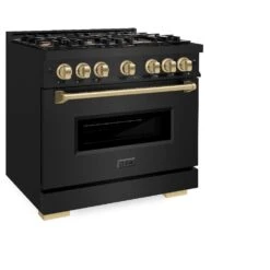 ZLINE Autograph Edition 36 In. 5.2 Cu. Ft. Classic Dual Fuel Range With 6 Burner Gas Cooktop And Electric Convection Oven In Black Stainless Steel With Champagne Bronze Accents (CDRBZ-36-CB)(Zline Autograph Edition 36 Classic Dual Fuel Range Black Stainless Steel Champagne Bronze Cdrbz 36 Cb) -Zline Oven Shop zline classic black stainless steel dual fuel range CDRBZ 36 CB main