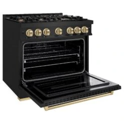 ZLINE Autograph Edition 36 In. 5.2 Cu. Ft. Classic Dual Fuel Range With 6 Burner Gas Cooktop And Electric Convection Oven In Black Stainless Steel With Champagne Bronze Accents (CDRBZ-36-CB)(Zline Autograph Edition 36 Classic Dual Fuel Range Black Stainless Steel Champagne Bronze Cdrbz 36 Cb) -Zline Oven Shop zline classic black stainless steel dual fuel range CDRBZ 36 CB main open