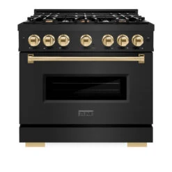 ZLINE Autograph Edition 36 In. 5.2 Cu. Ft. Classic Dual Fuel Range With 6 Burner Gas Cooktop And Electric Convection Oven In Black Stainless Steel With Polished Gold Accents (CDRBZ-36-G)(Zline Autograph Edition 36 Classic Dual Fuel Range Black Stainless Steel Polished Gold Cdrbz 36 G) -Zline Oven Shop zline classic black stainless steel dual fuel range CDRBZ 36 G front