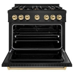 ZLINE Autograph Edition 36 In. 5.2 Cu. Ft. Classic Dual Fuel Range With 6 Burner Gas Cooktop And Electric Convection Oven In Black Stainless Steel With Polished Gold Accents (CDRBZ-36-G)(Zline Autograph Edition 36 Classic Dual Fuel Range Black Stainless Steel Polished Gold Cdrbz 36 G) -Zline Oven Shop zline classic black stainless steel dual fuel range CDRBZ 36 G front open