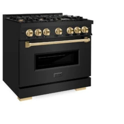 ZLINE Autograph Edition 36 In. 5.2 Cu. Ft. Classic Dual Fuel Range With 6 Burner Gas Cooktop And Electric Convection Oven In Black Stainless Steel With Polished Gold Accents (CDRBZ-36-G)(Zline Autograph Edition 36 Classic Dual Fuel Range Black Stainless Steel Polished Gold Cdrbz 36 G) -Zline Oven Shop zline classic black stainless steel dual fuel range CDRBZ 36 G main
