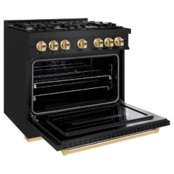 ZLINE Autograph Edition 36 In. 5.2 Cu. Ft. Classic Dual Fuel Range With 6 Burner Gas Cooktop And Electric Convection Oven In Black Stainless Steel With Polished Gold Accents (CDRBZ-36-G)(Zline Autograph Edition 36 Classic Dual Fuel Range Black Stainless Steel Polished Gold Cdrbz 36 G) -Zline Oven Shop zline classic black stainless steel dual fuel range CDRBZ 36 G main open