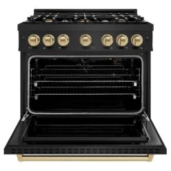 ZLINE Autograph Edition 36 In. 5.2 Cu. Ft. Classic Gas Range With 6 Burner Cooktop And Convection Gas Oven In Black Stainless Steel And Champagne Bronze Accents (CGRBZ-36-CB)(Zline Autograph Edition 36 Classic Gas Range Black Stainless Steel Champagne Bronze Cgrbz 36 Cb) -Zline Oven Shop zline classic black stainless steel gas range CGRB BR 36 front open 01d62eb4 b415 43f2 b830 4db11922bca8
