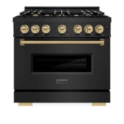 ZLINE Autograph Edition 36 In. 5.2 Cu. Ft. Classic Gas Range With 6 Burner Cooktop And Convection Gas Oven In Black Stainless Steel And Champagne Bronze Accents (CGRBZ-36-CB)(Zline Autograph Edition 36 Classic Gas Range Black Stainless Steel Champagne Bronze Cgrbz 36 Cb) -Zline Oven Shop zline classic black stainless steel gas range CGRB BR 36 front a1eed6be bec7 4f66 995c 47f9e0db99e2