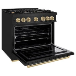 ZLINE Autograph Edition 36 In. 5.2 Cu. Ft. Classic Gas Range With 6 Burner Cooktop And Convection Gas Oven In Black Stainless Steel And Champagne Bronze Accents (CGRBZ-36-CB)(Zline Autograph Edition 36 Classic Gas Range Black Stainless Steel Champagne Bronze Cgrbz 36 Cb) -Zline Oven Shop zline classic black stainless steel gas range CGRB BR 36 main open 4ca78a7a c3ce 4ad8 9e27 78c21d8ccbda