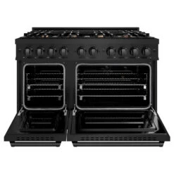 ZLINE 48 In. 6.7 Cu. Ft. Classic Double Oven Gas Range In Black Stainless Steel With 8 Brass Burners (CGRB-BR-48)(Zline 48 Classic Gas Range Black Stainless Steel Brass Burners Cgrb Br 48) 13 ZLINE 48 In. 6.7 Cu. Ft. Classic Double Oven Gas Range In Black Stainless Steel With 8 Brass Burners (CGRB-BR-48)(Zline 48 Classic Gas Range Black Stainless Steel Brass Burners Cgrb Br 48) -Zline Oven Shop zline classic black stainless steel gas range CGRB BR 48 front open