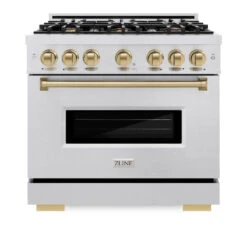 ZLINE Autograph Edition 36 In. 5.2 Cu. Ft. Classic Dual Fuel Range With 6 Burner Gas Cooktop And Electric Convection Oven In Satin Stainless Steel With Champagne Bronze Accents (CDRSZ-36-CB)(Zline Autograph Edition 36 Classic Dual Fuel Range Satin Stainless Steel Champagne Bronze Cdrsz 36 Cb) -Zline Oven Shop zline classic satin stainless steel dual fuel range autograph edition champagne bronze CDRSZ 36 CB front