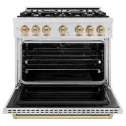 ZLINE Autograph Edition 36 In. 5.2 Cu. Ft. Classic Dual Fuel Range With 6 Burner Gas Cooktop And Electric Convection Oven In Satin Stainless Steel With Champagne Bronze Accents (CDRSZ-36-CB)(Zline Autograph Edition 36 Classic Dual Fuel Range Satin Stainless Steel Champagne Bronze Cdrsz 36 Cb) -Zline Oven Shop zline classic satin stainless steel dual fuel range autograph edition champagne bronze CDRSZ 36 CB front open