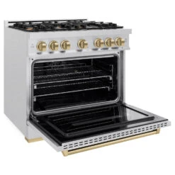 ZLINE Autograph Edition 36 In. 5.2 Cu. Ft. Classic Dual Fuel Range With 6 Burner Gas Cooktop And Electric Convection Oven In Satin Stainless Steel With Champagne Bronze Accents (CDRSZ-36-CB)(Zline Autograph Edition 36 Classic Dual Fuel Range Satin Stainless Steel Champagne Bronze Cdrsz 36 Cb) -Zline Oven Shop zline classic satin stainless steel dual fuel range autograph edition champagne bronze CDRSZ 36 CB main open