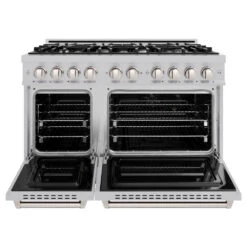 ZLINE 48 In. 6.7 Cu. Ft. Classic Double Oven Gas Range With 8 Burner Cooktop In Satin Stainless Steel (CGRS-48)(Zline 48 Classic Gas Range Satin Stainless Steel Cgrs 48) 14 ZLINE 48 In. 6.7 Cu. Ft. Classic Double Oven Gas Range With 8 Burner Cooktop In Satin Stainless Steel (CGRS-48)(Zline 48 Classic Gas Range Satin Stainless Steel Cgrs 48) -Zline Oven Shop zline classic satin stainless steel gas range CGRS 48 front open