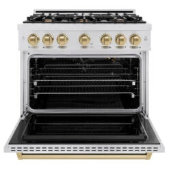 ZLINE Autograph Edition 36 In. 5.2 Cu. Ft. Classic Gas Range With 6 Burner Cooktop And Convection Gas Oven In Satin Stainless Steel And Champagne Bronze Accents (CGRSZ-36-CB)(Zline Autograph Edition 36 Classic Gas Range Satin Stainless Steel Champagne Bronze Cgrsz 36 Cb) -Zline Oven Shop zline classic satin stainless steel gas range autograph edition champagne bronze CGRSZ 36 CB front open