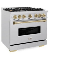 ZLINE Autograph Edition 36 In. 5.2 Cu. Ft. Classic Gas Range With 6 Burner Cooktop And Convection Gas Oven In Satin Stainless Steel And Champagne Bronze Accents (CGRSZ-36-CB)(Zline Autograph Edition 36 Classic Gas Range Satin Stainless Steel Champagne Bronze Cgrsz 36 Cb) -Zline Oven Shop zline classic satin stainless steel gas range autograph edition champagne bronze CGRSZ 36 CB main