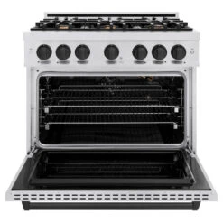 ZLINE Autograph Edition 36 In. 5.2 Cu. Ft. Classic Gas Range With 6 Burner Cooktop And Convection Gas Oven In Satin Stainless Steel And Matte Black Accents (CGRSZ-36-MB)(Zline Autograph Edition 36 Classic Gas Range Satin Stainless Steel Matte Black Cgrsz 36 Mb) 17 ZLINE Autograph Edition 36 In. 5.2 Cu. Ft. Classic Gas Range With 6 Burner Cooktop And Convection Gas Oven In Satin Stainless Steel And Matte Black Accents (CGRSZ-36-MB)(Zline Autograph Edition 36 Classic Gas Range Satin Stainless Steel Matte Black Cgrsz 36 Mb) -Zline Oven Shop zline classic satin stainless steel gas range autograph edition matte black CGRSZ 36 MB front open