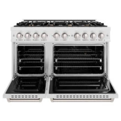 ZLINE 48 In. 6.7 Cu. Ft. Classic Double Oven Gas Range In Satin Stainless Steel With 8 Brass Burners (CGRS-BR-48)(Zline 48 Classic Gas Range Satin Stainless Steel Brass Burners Cgrs Br 48) -Zline Oven Shop zline classic satin stainless steel gas range brass burners CGRS BR 48 front open
