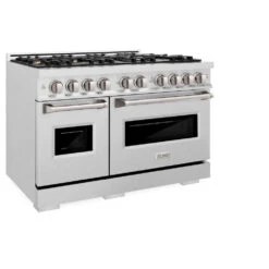ZLINE 48 In. 6.7 Cu. Ft. Classic Double Oven Gas Range In Satin Stainless Steel With 8 Brass Burners (CGRS-BR-48)(Zline 48 Classic Gas Range Satin Stainless Steel Brass Burners Cgrs Br 48) -Zline Oven Shop zline classic satin stainless steel gas range brass burners CGRS BR 48 main