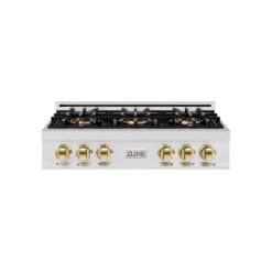 ZLINE Autograph Edition 36 In. Classic Gas Rangetop With 6 Burner DuoPro™ Cooktop In Satin Stainless Steel And Polished Gold Accents (PCRTSZ-36-G)(Zline Autograph Edition 36 Classic Gas Rangetop Duopro Satin Stainless Steel Polished Gold Pcrtsz 36 G)
